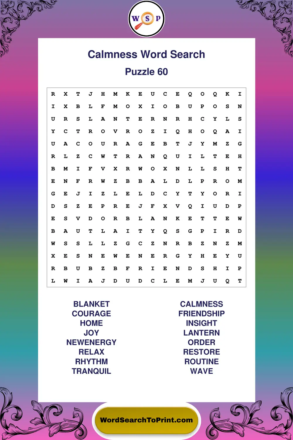 Calmness Word Search Puzzle 60