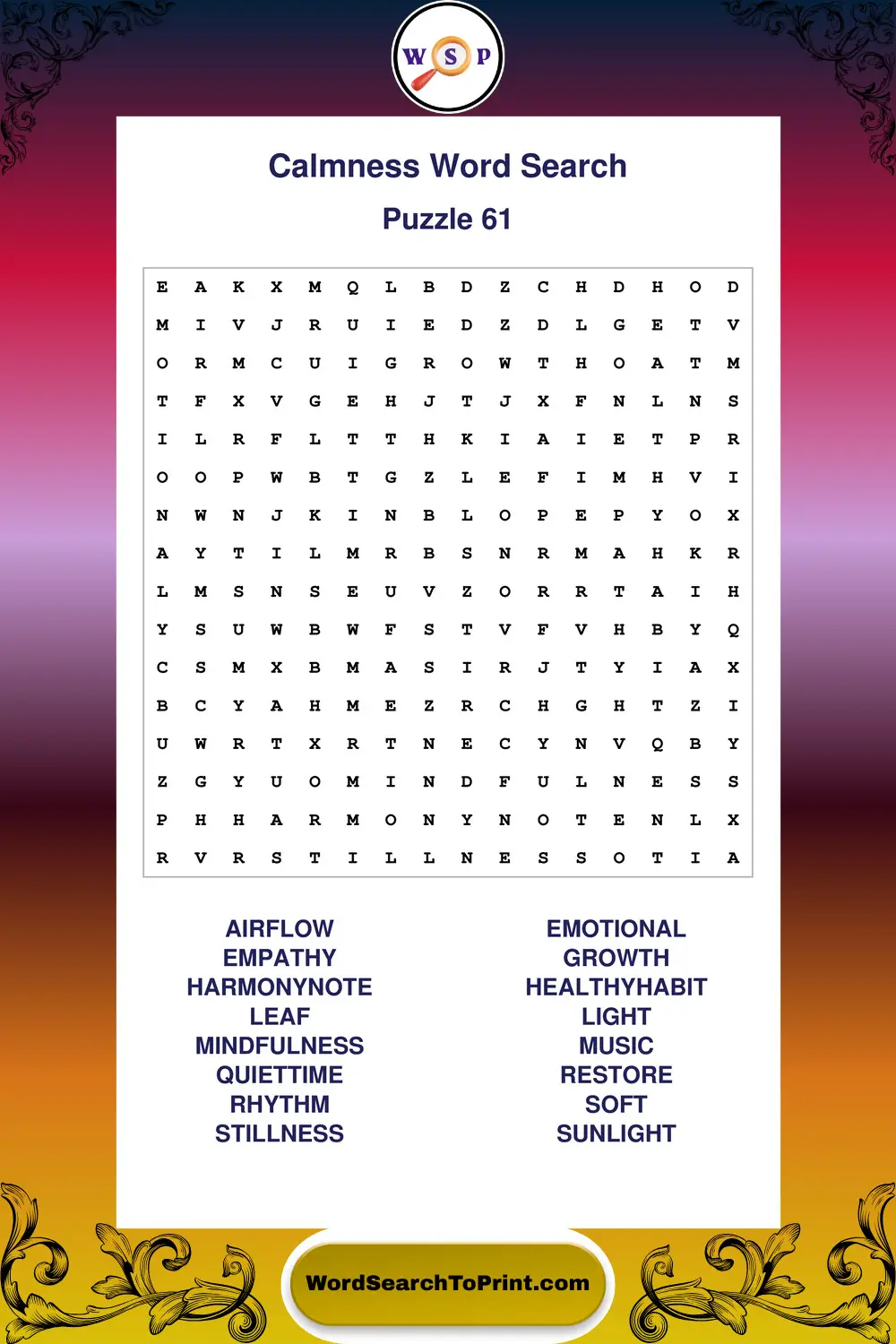 Calmness Word Search Puzzle 61