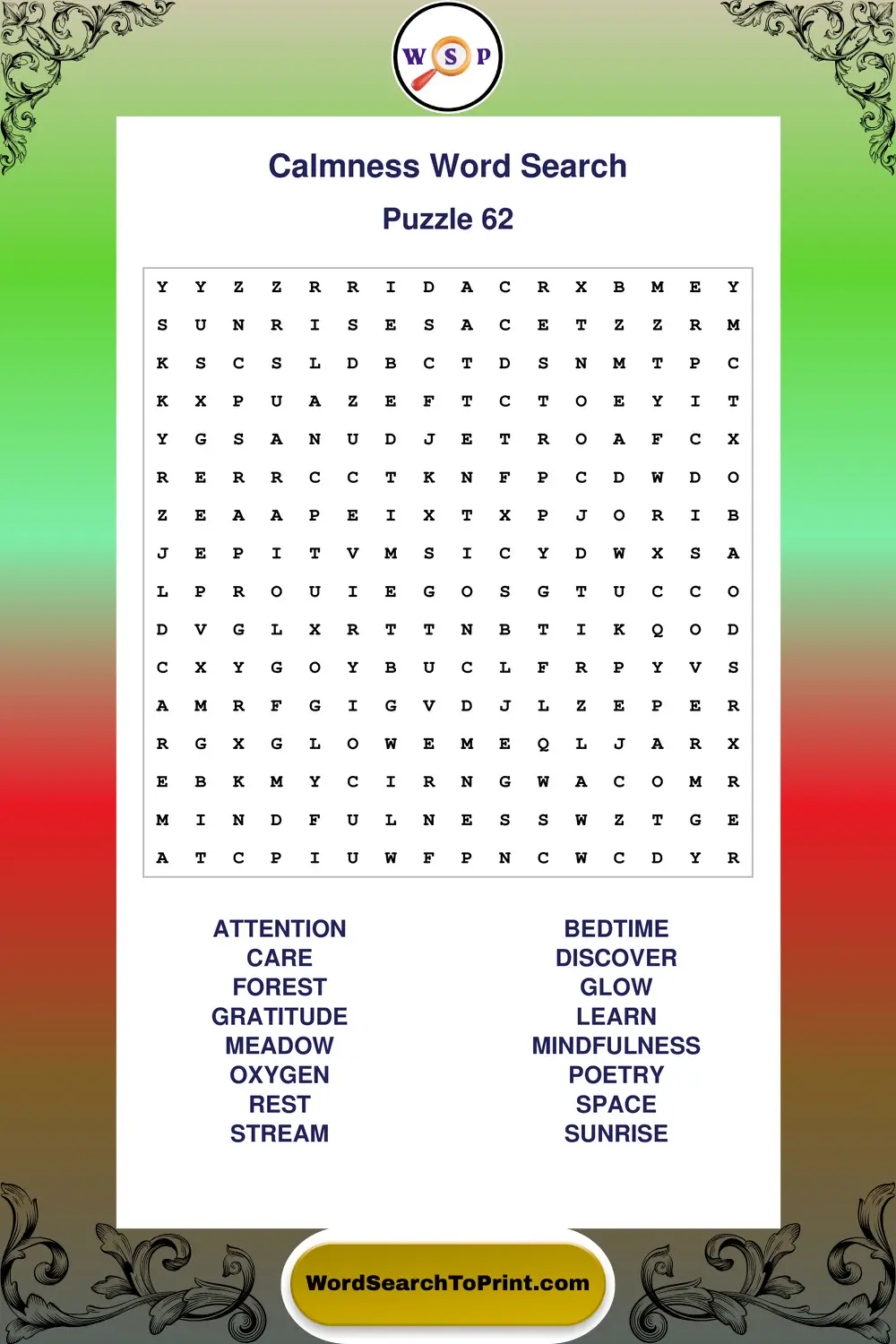 Calmness Word Search Puzzle 62