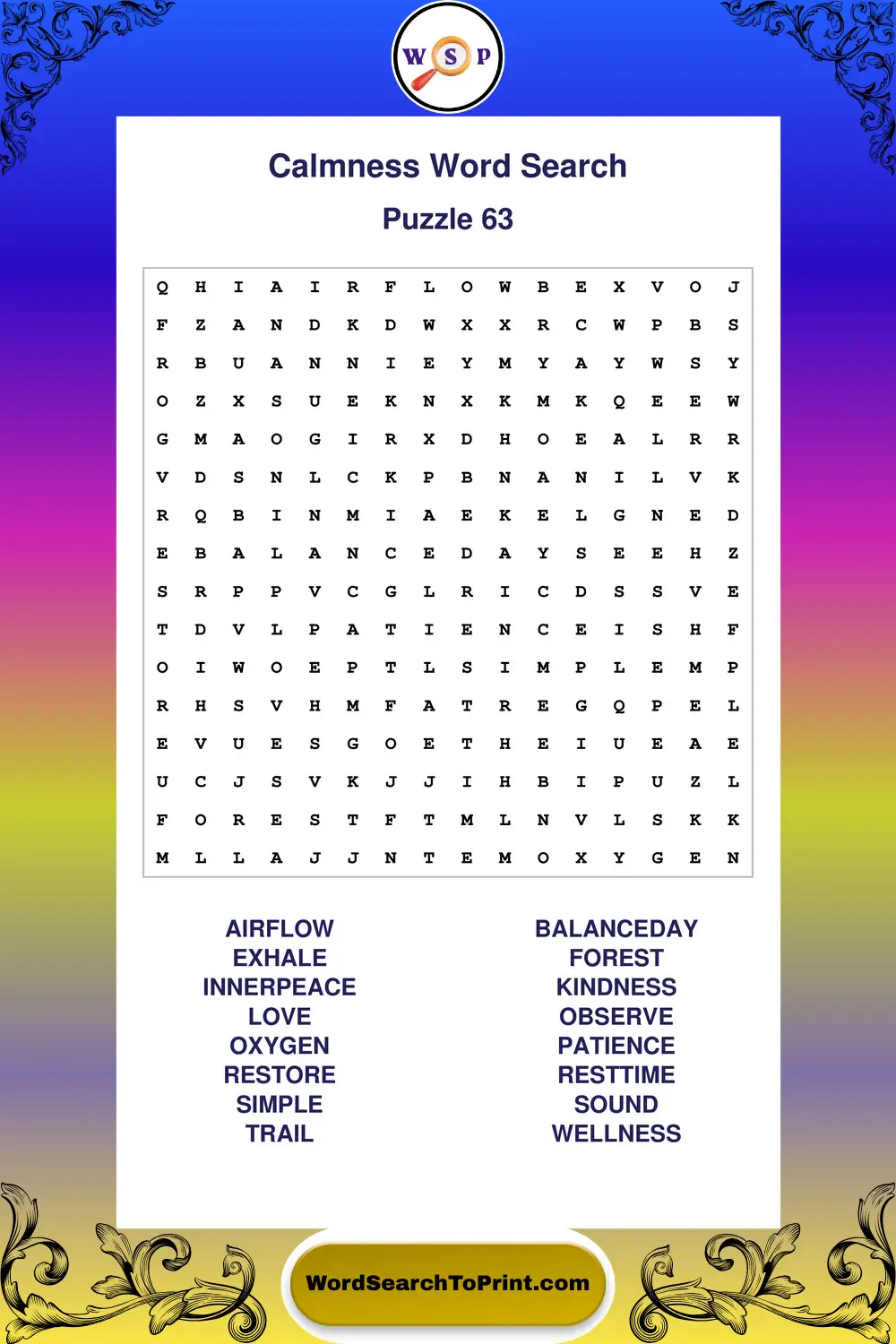 Calmness Word Search Puzzle 63