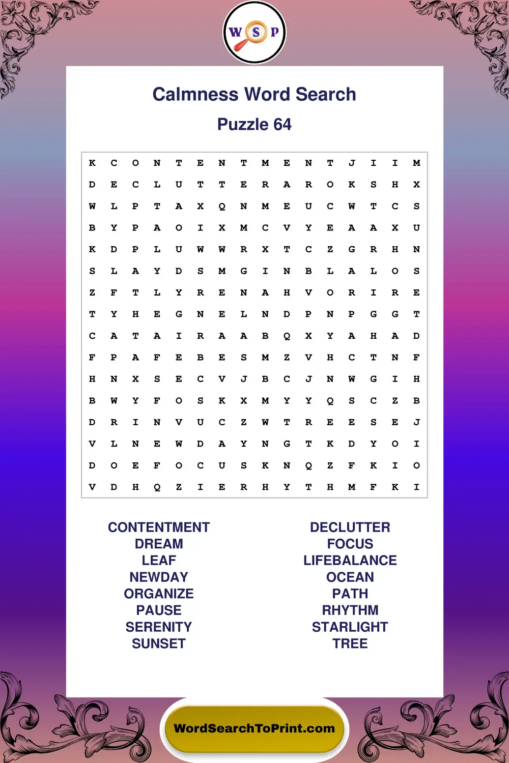 Calmness Word Search Puzzle 64