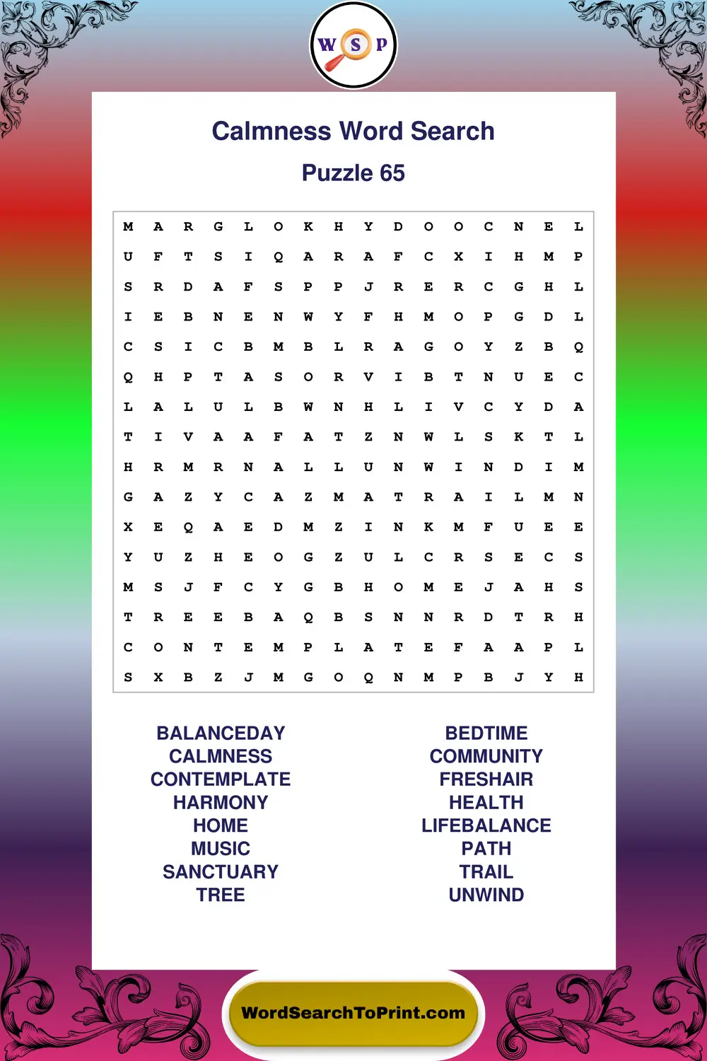 Calmness Word Search Puzzle 65