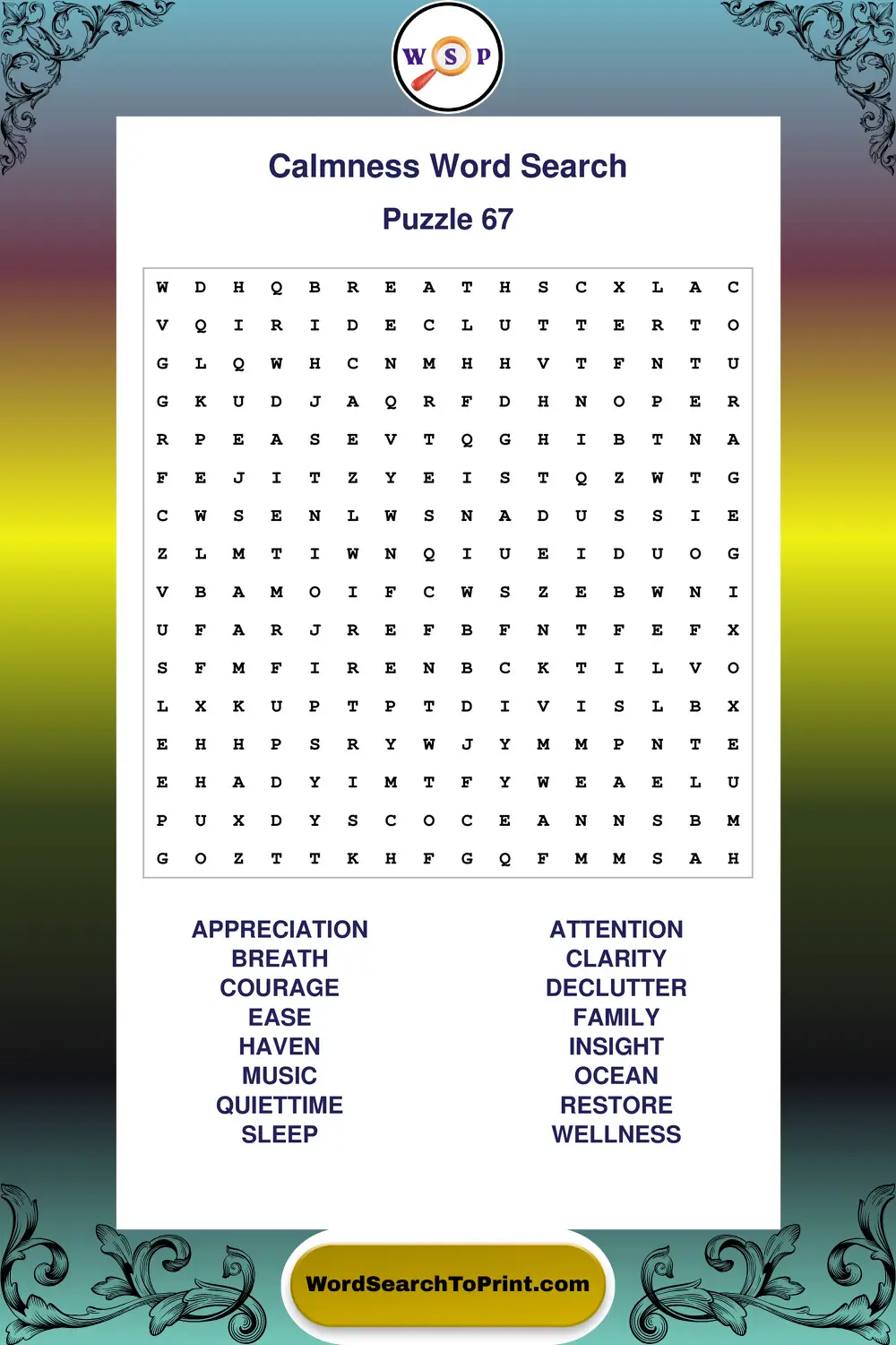 Calmness Word Search Puzzle 67
