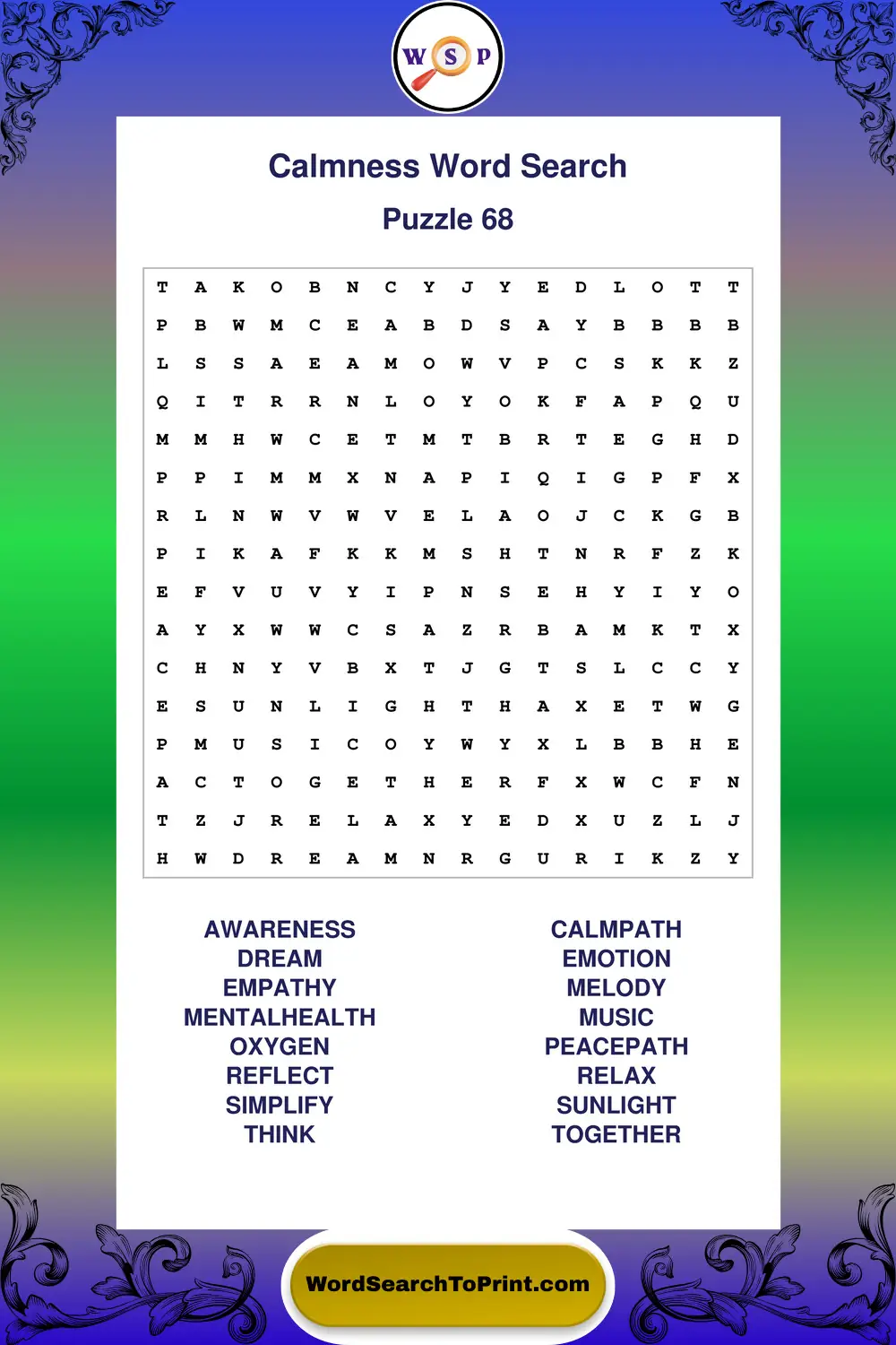 Calmness Word Search Puzzle 68