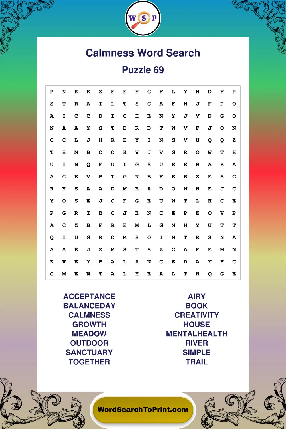 Calmness Word Search Puzzle 69