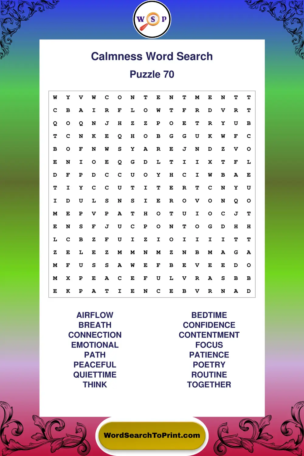 Calmness Word Search Puzzle 70