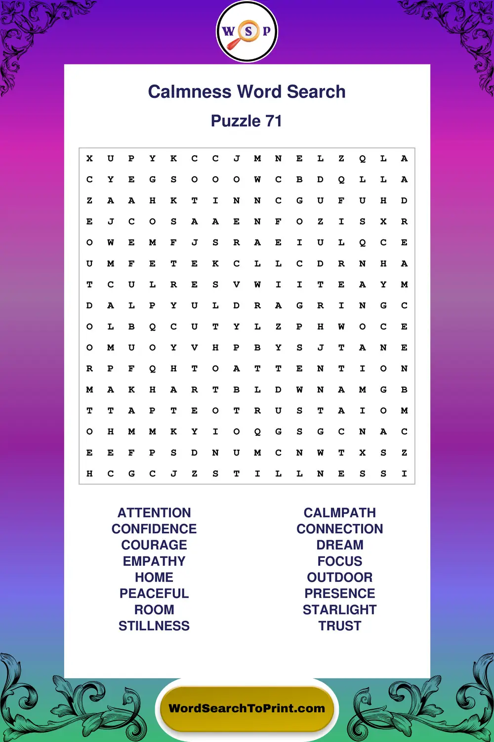 Calmness Word Search Puzzle 71