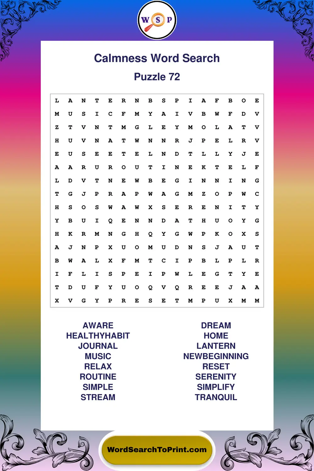 Calmness Word Search Puzzle 72