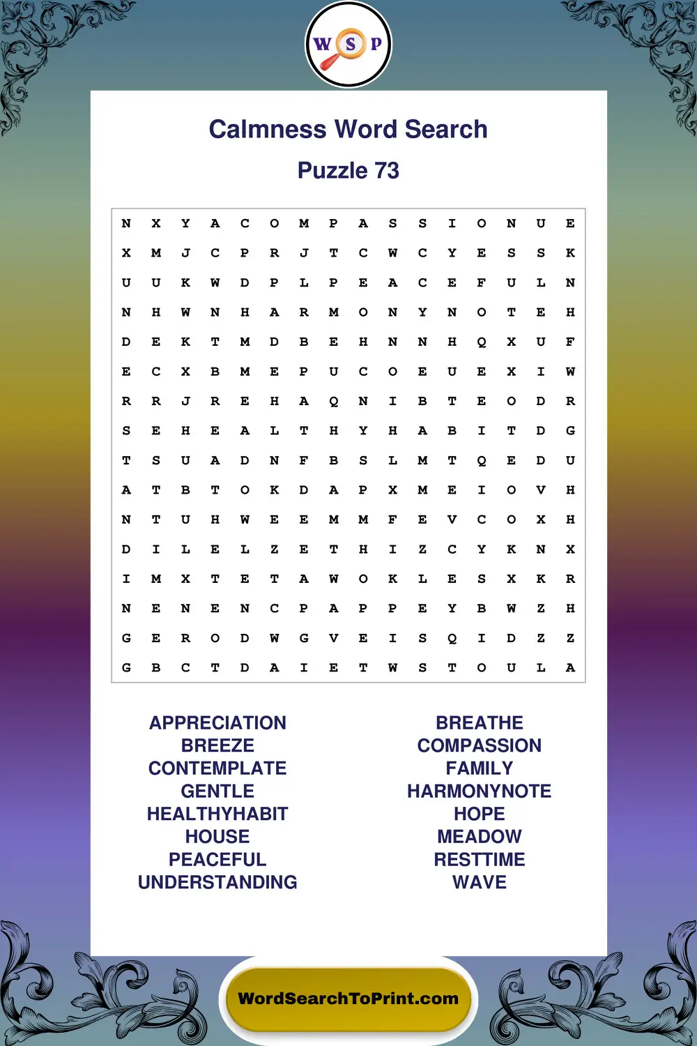 Calmness Word Search Puzzle 73