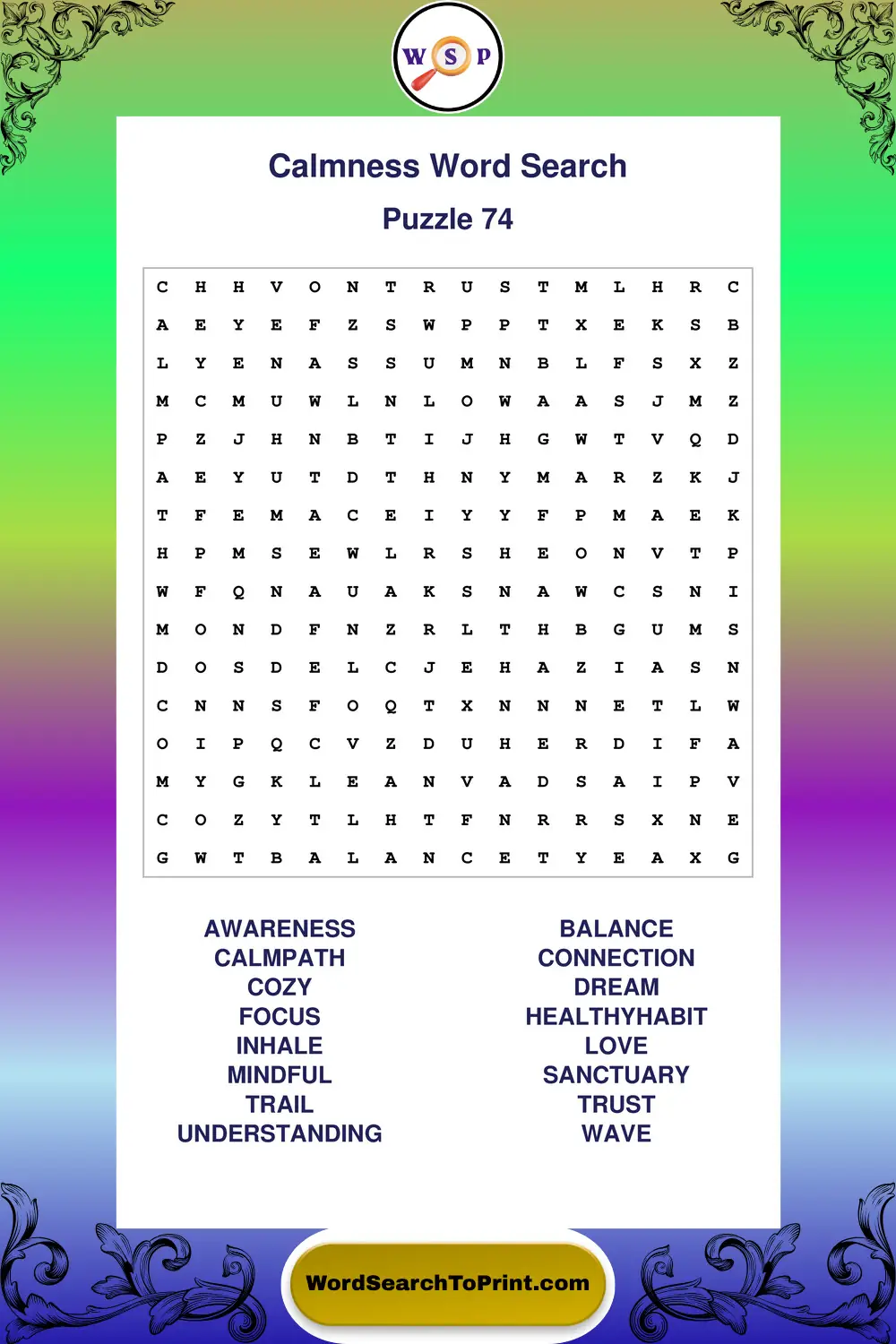 Calmness Word Search Puzzle 74