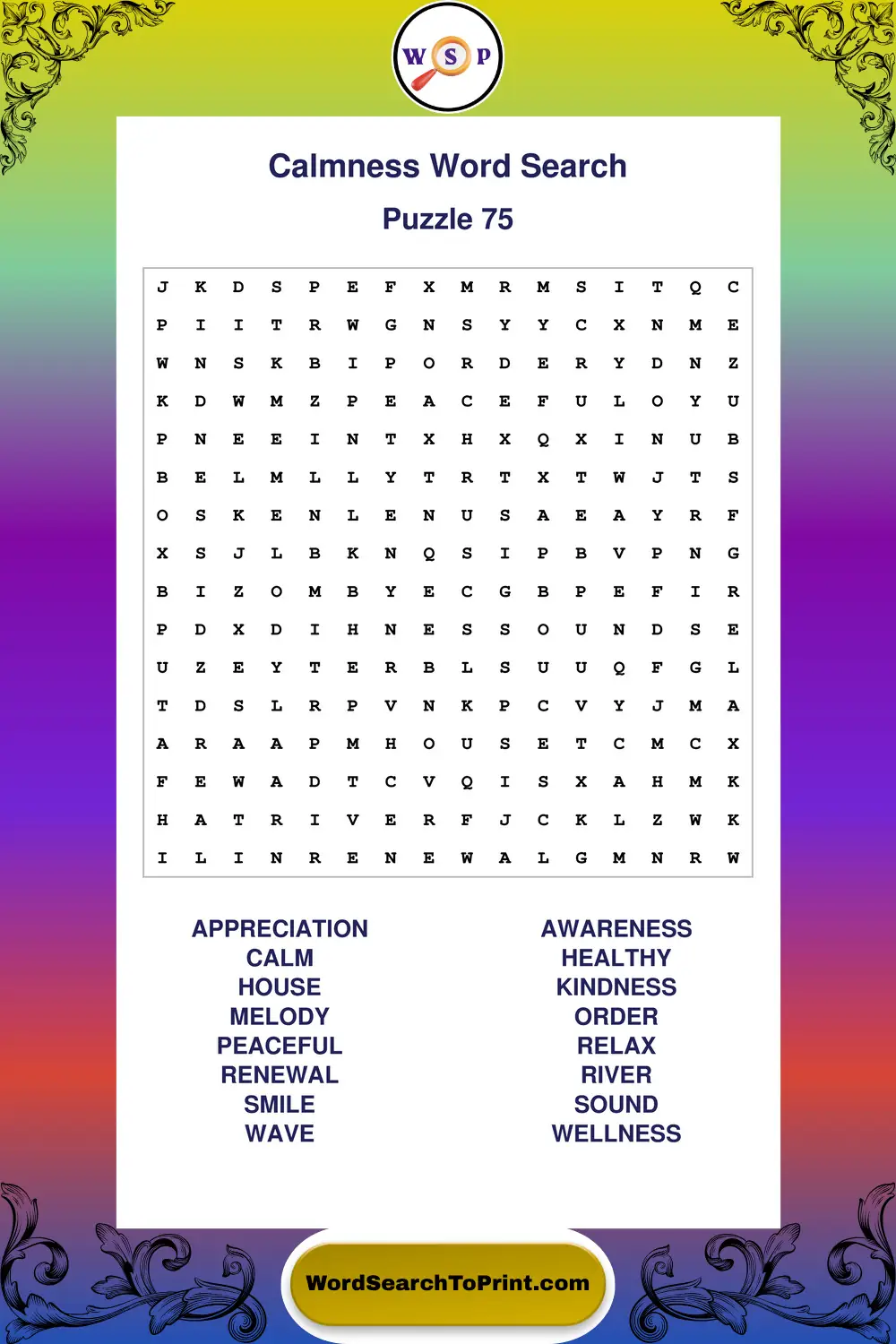 Calmness Word Search Puzzle 75