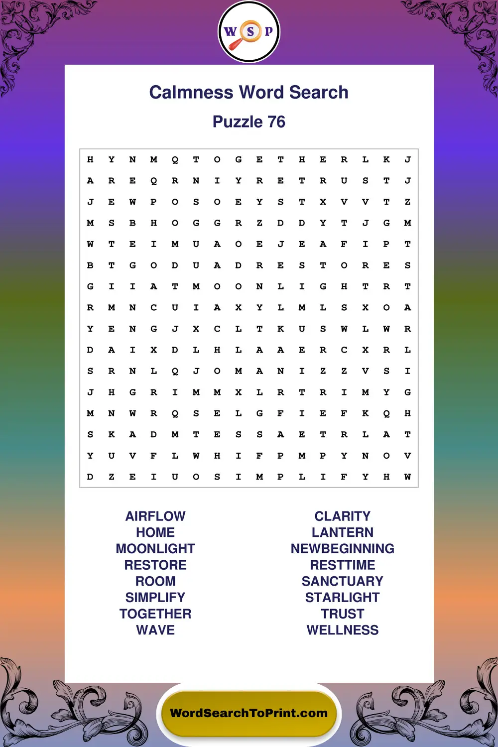 Calmness Word Search Puzzle 76
