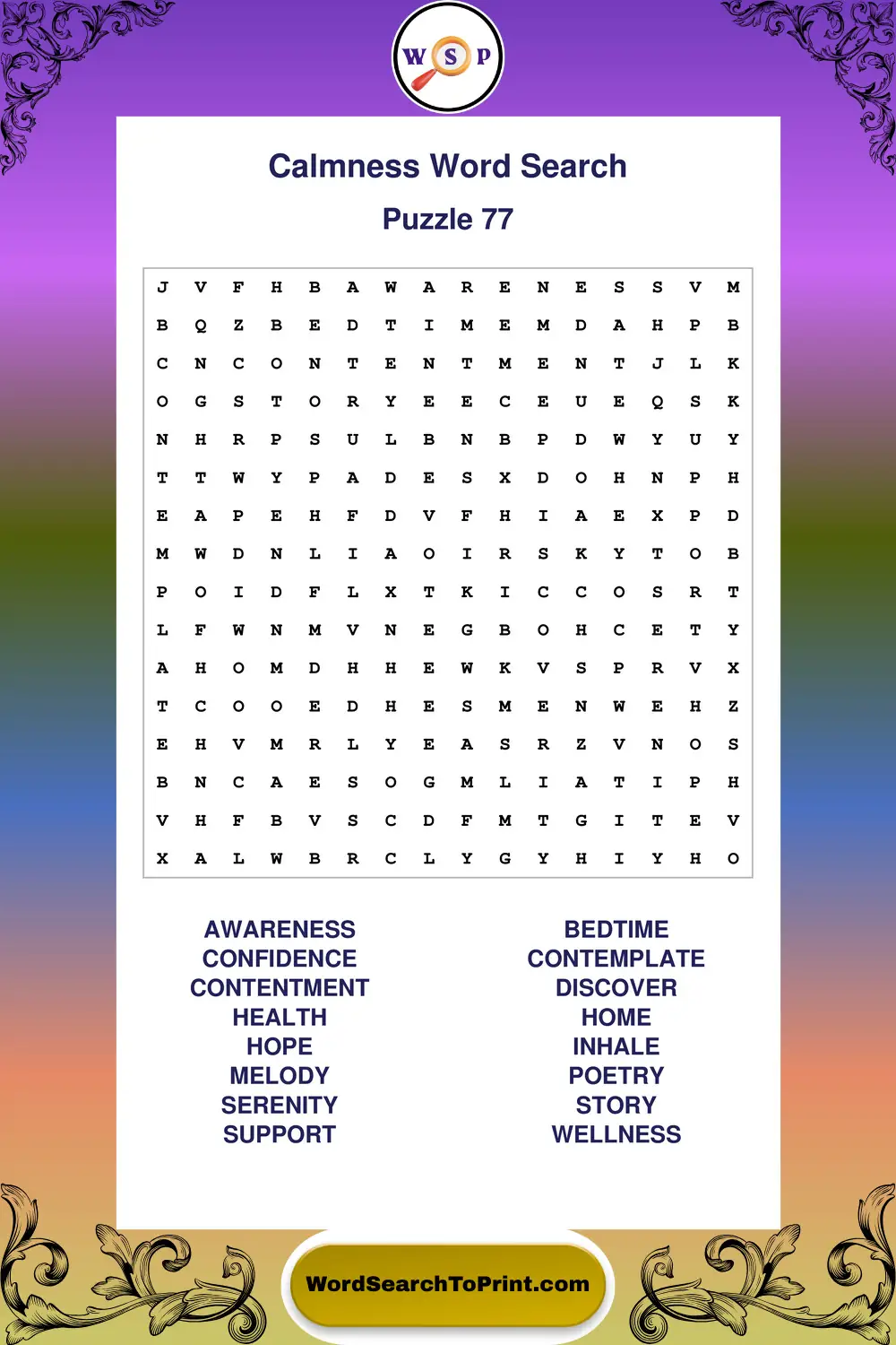 Calmness Word Search Puzzle 77