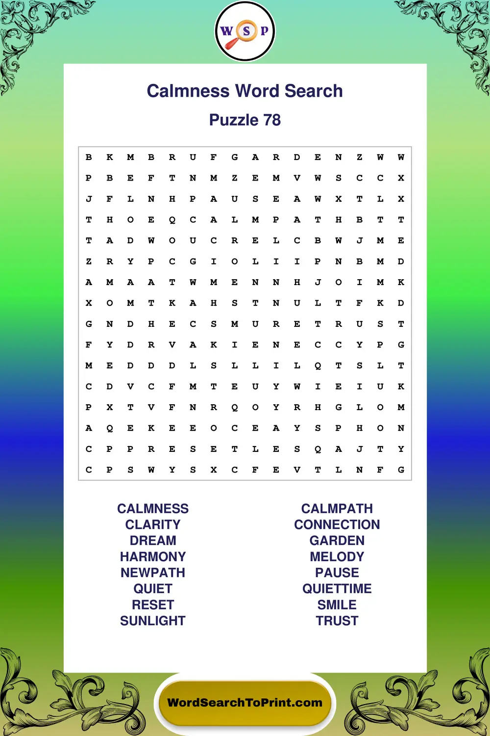 Calmness Word Search Puzzle 78