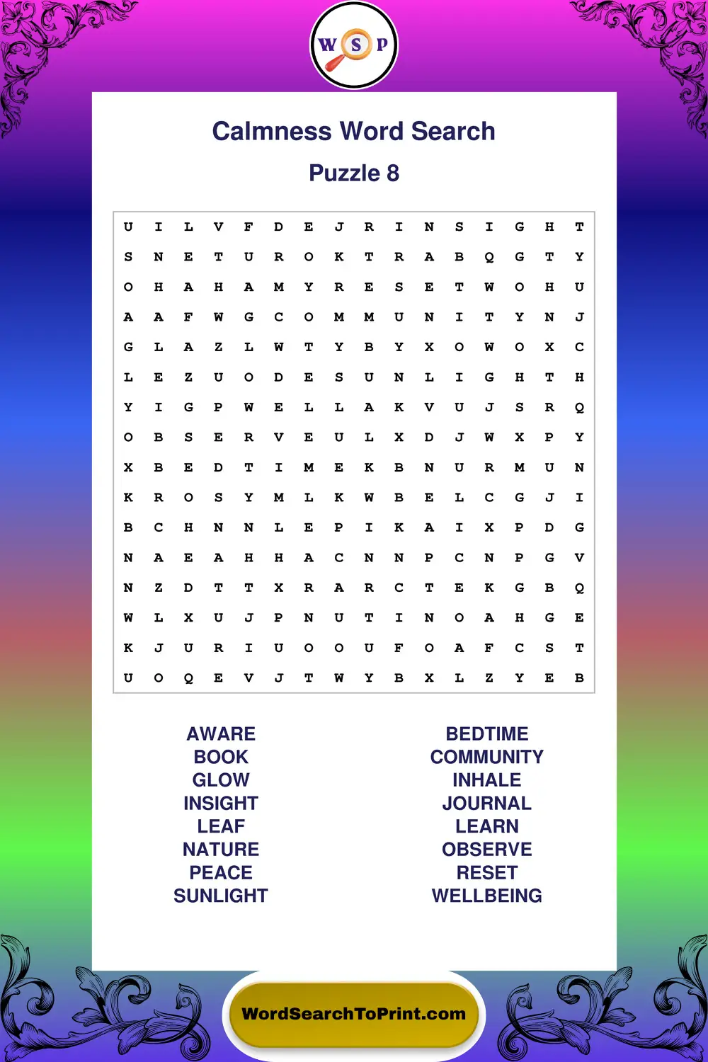Calmness Word Search Puzzle 8