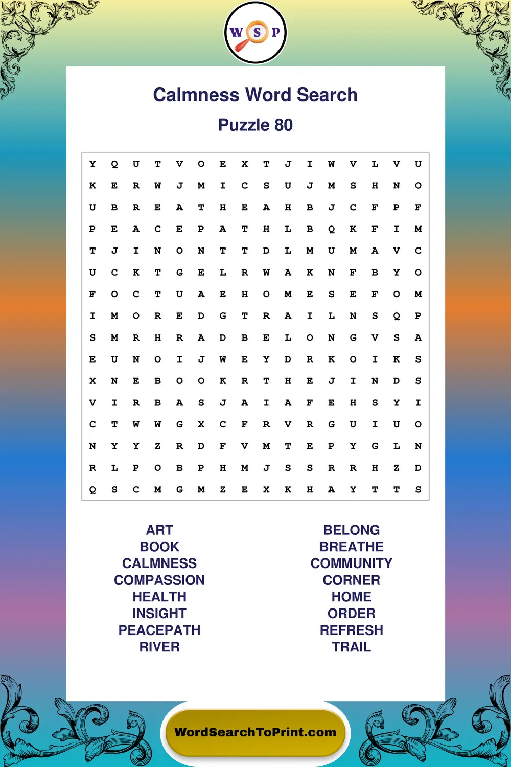 Calmness Word Search Puzzle 80