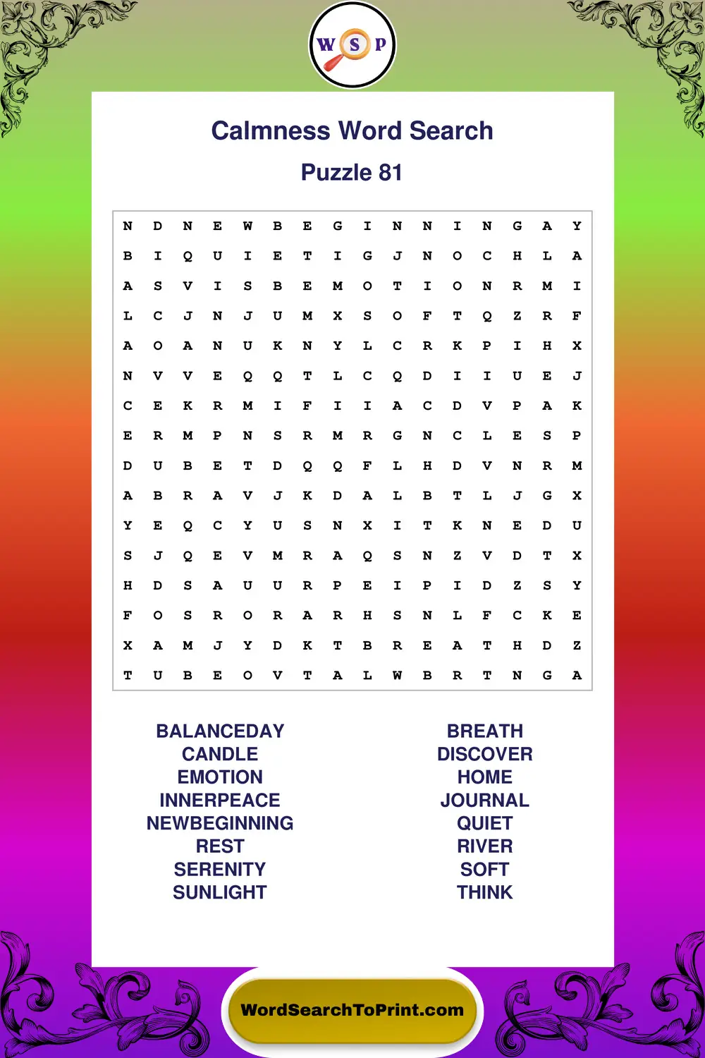 Calmness Word Search Puzzle 81