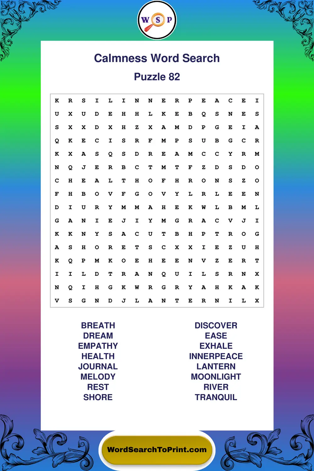Calmness Word Search Puzzle 82