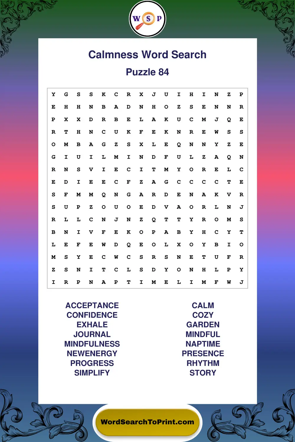Calmness Word Search Puzzle 84