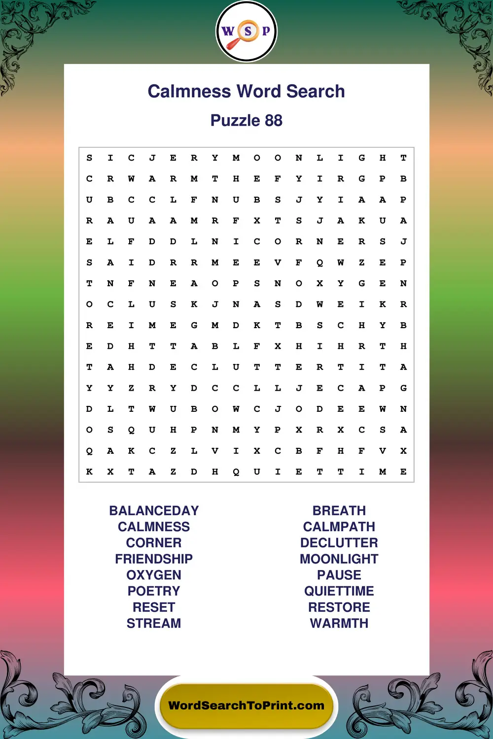 Calmness Word Search Puzzle 88