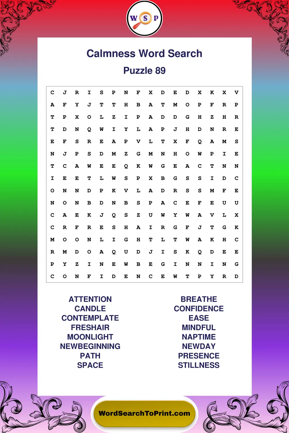 Calmness Word Search Puzzle 89