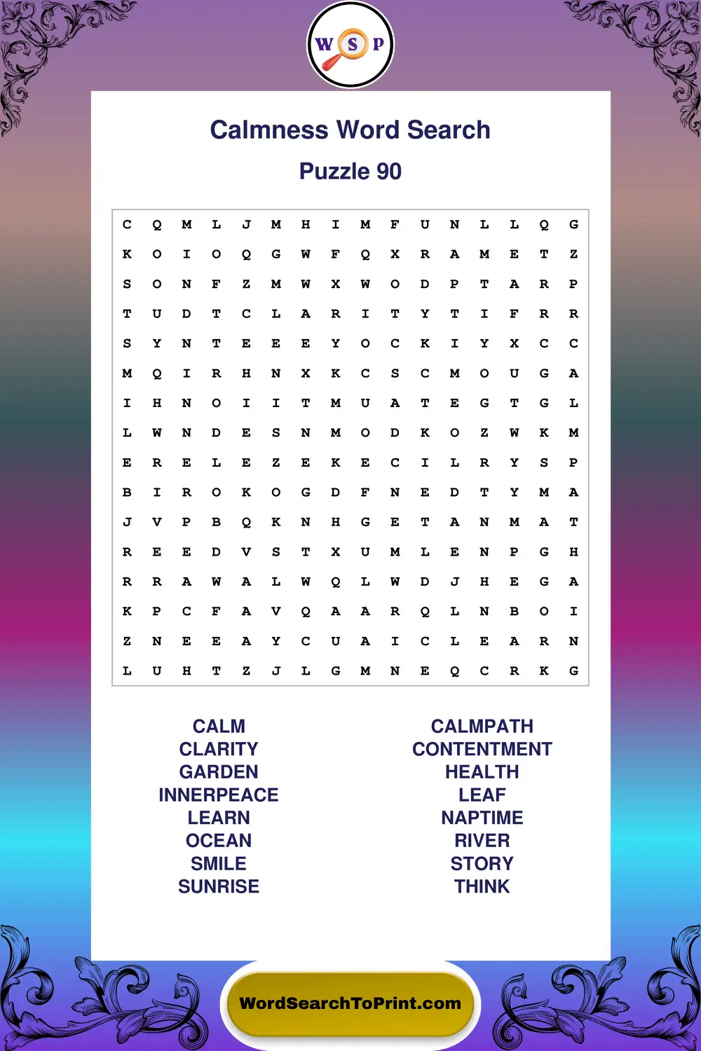 Calmness Word Search Puzzle 90