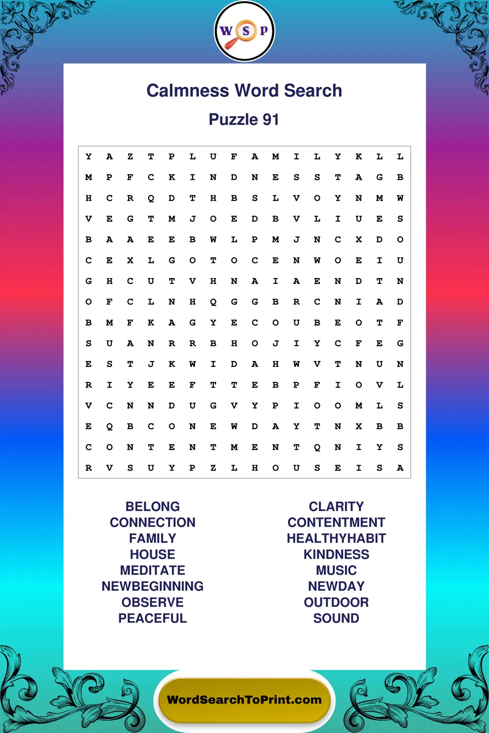 Calmness Word Search Puzzle 91