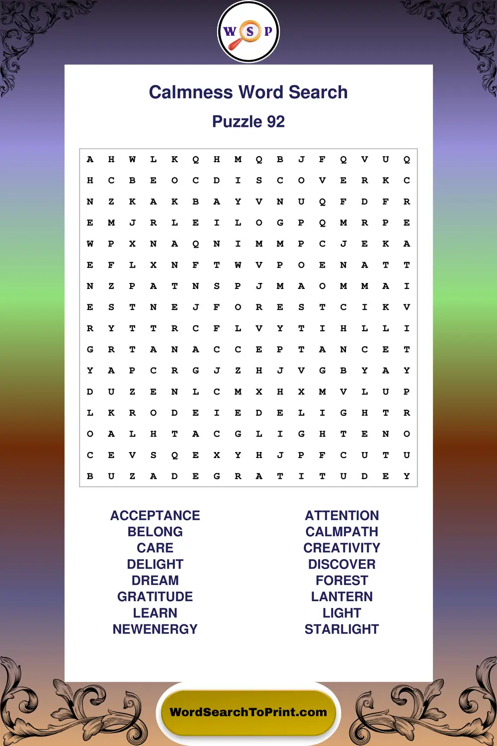 Calmness Word Search Puzzle 92