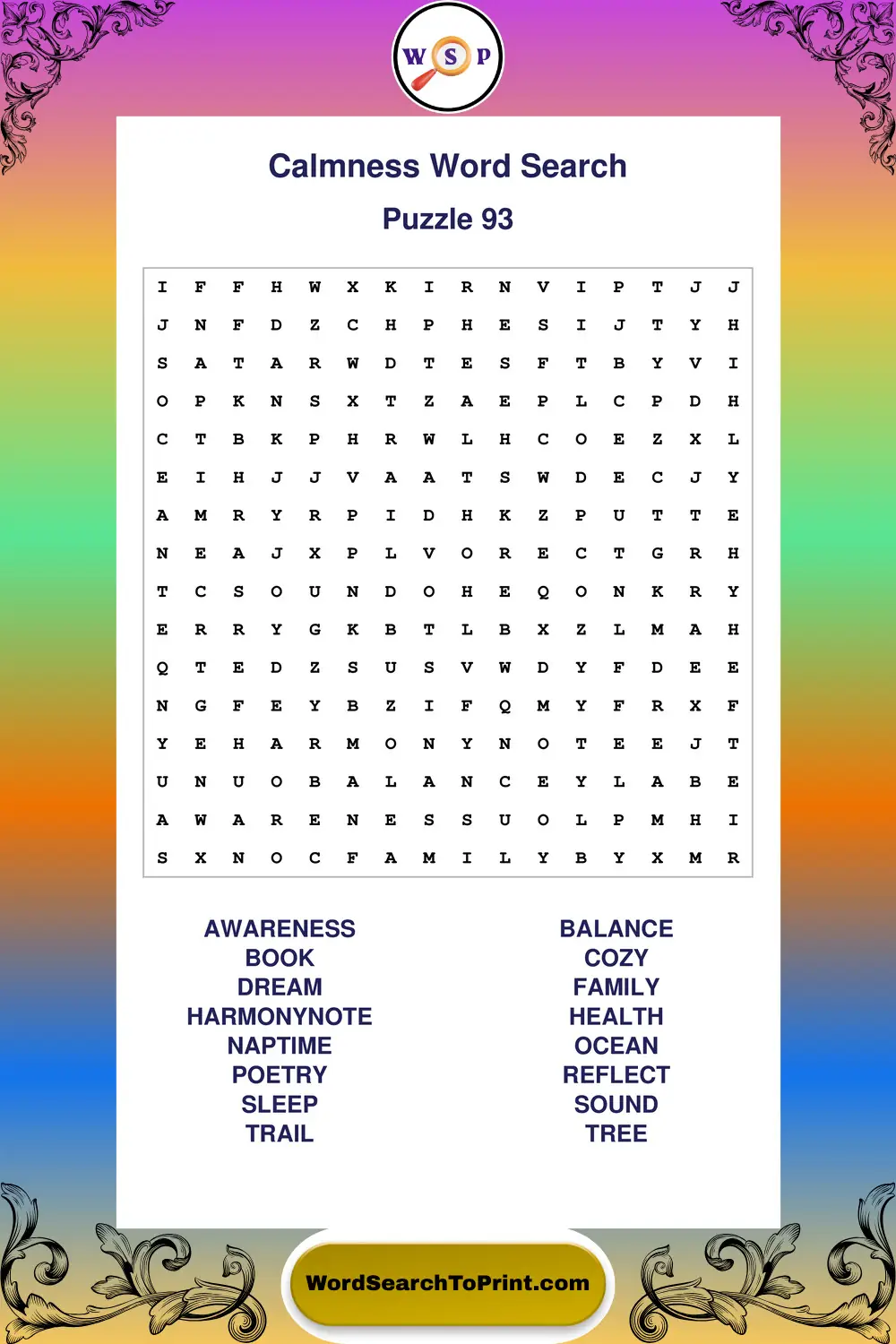 Calmness Word Search Puzzle 93