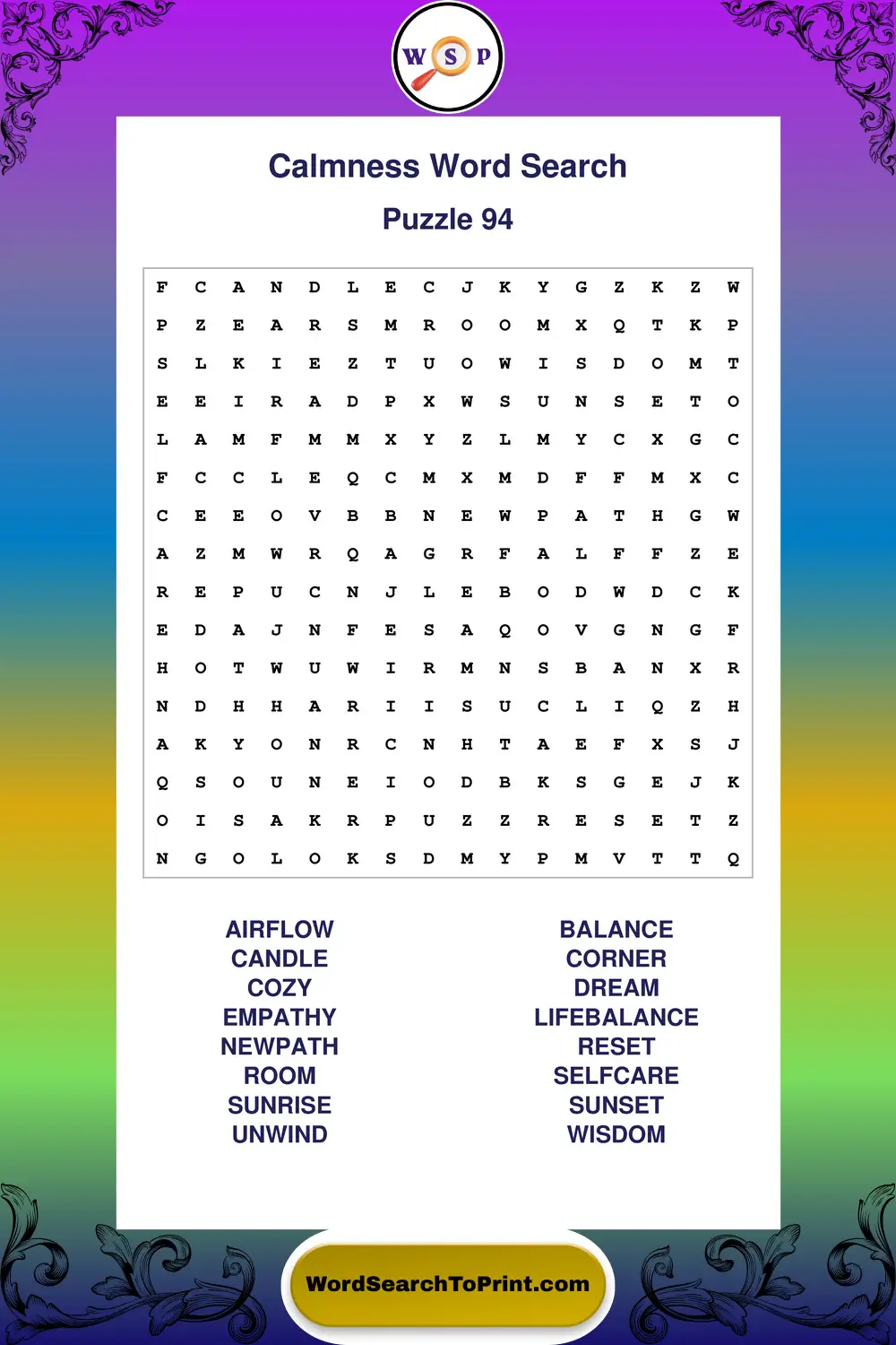 Calmness Word Search Puzzle 94