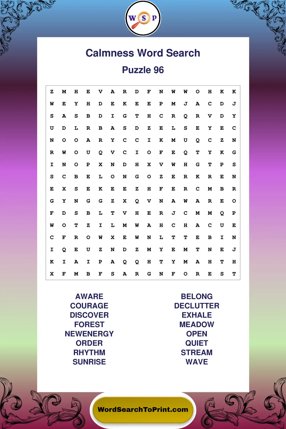 Calmness Word Search Puzzle 96