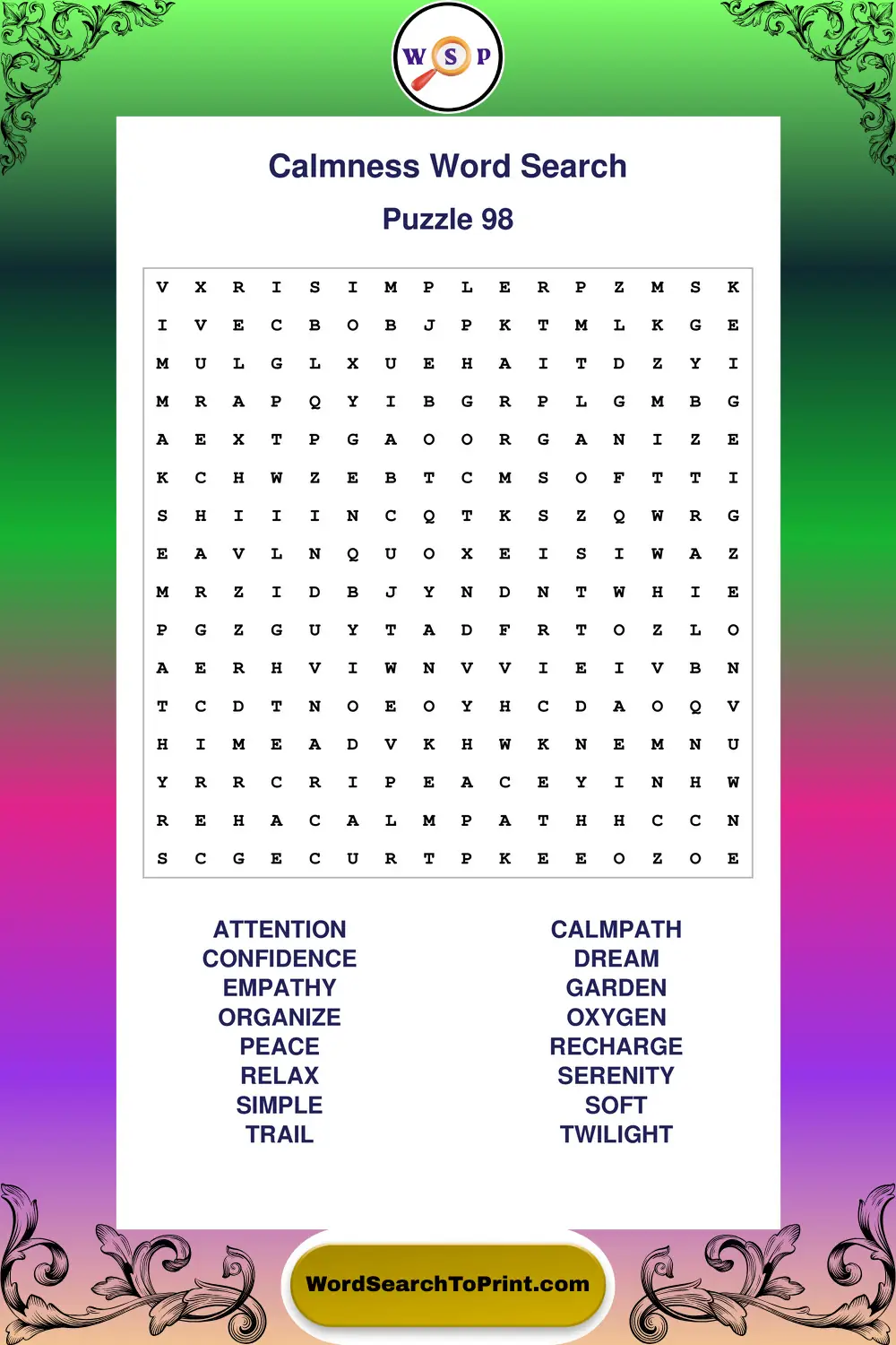 Calmness Word Search Puzzle 98