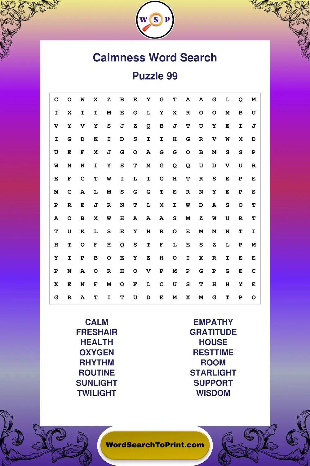 Calmness Word Search Puzzle 99