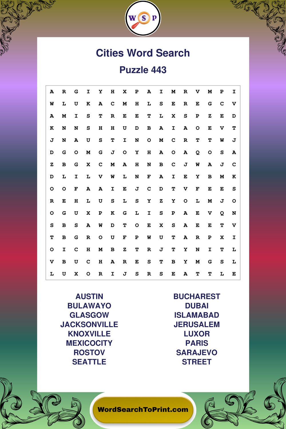 Cities Word Search Puzzle 443