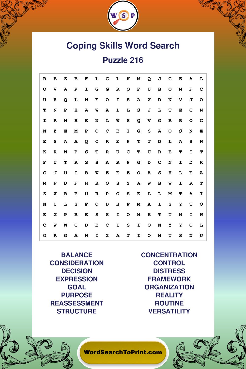 Coping Skills Word Search Puzzle 216
