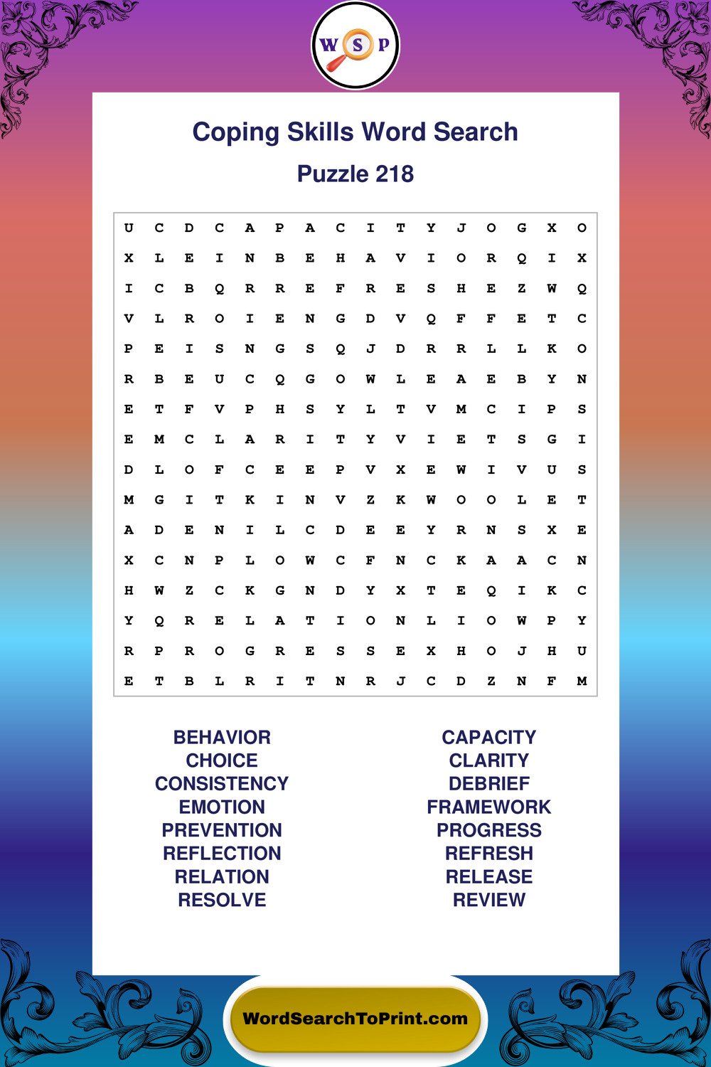 Coping Skills Word Search Puzzle 218