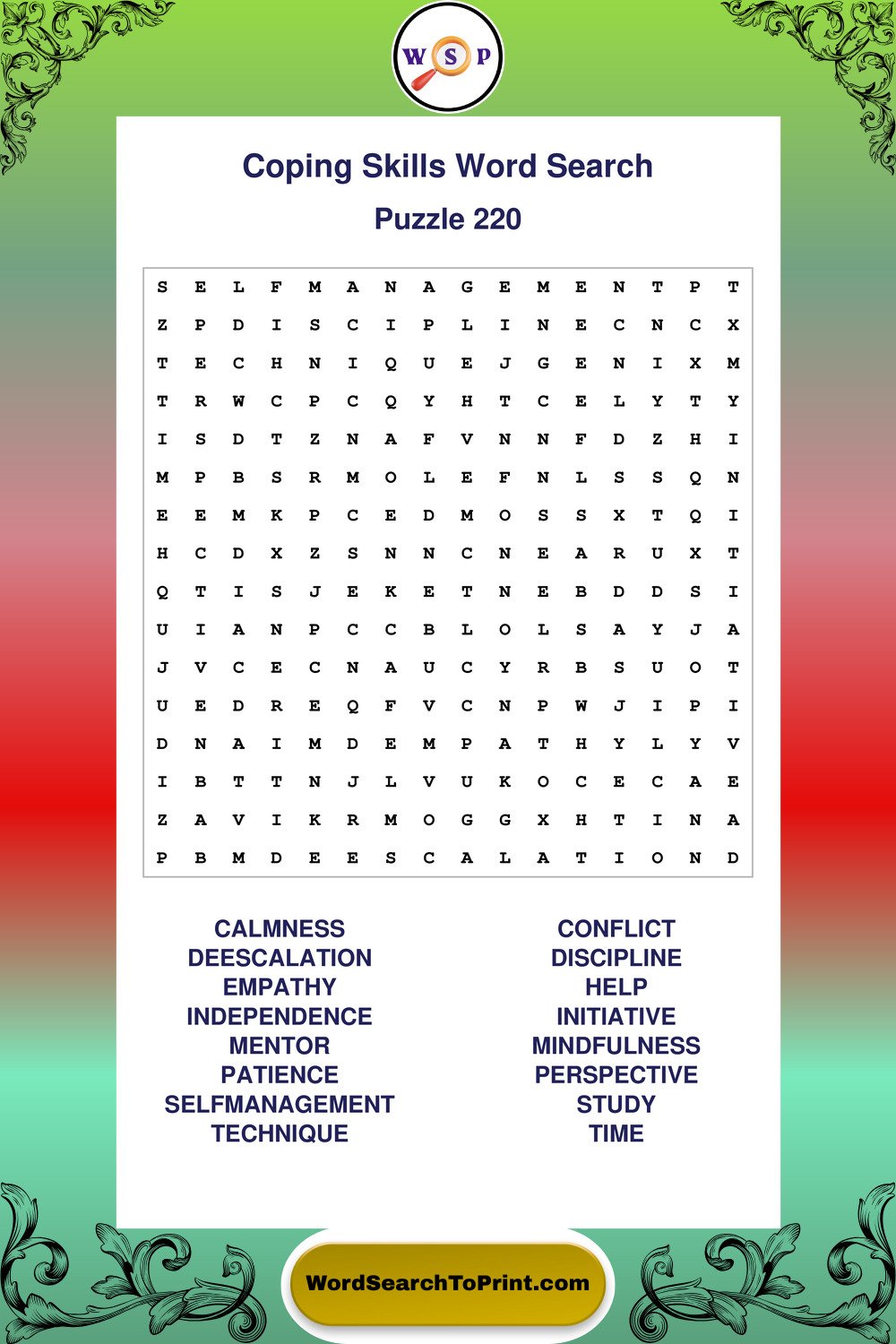 Coping Skills Word Search Puzzle 220