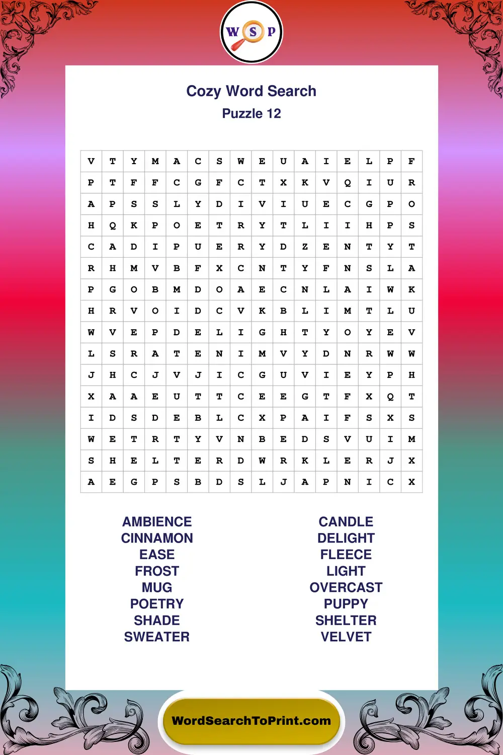 Cozy Word Search Puzzle 12
