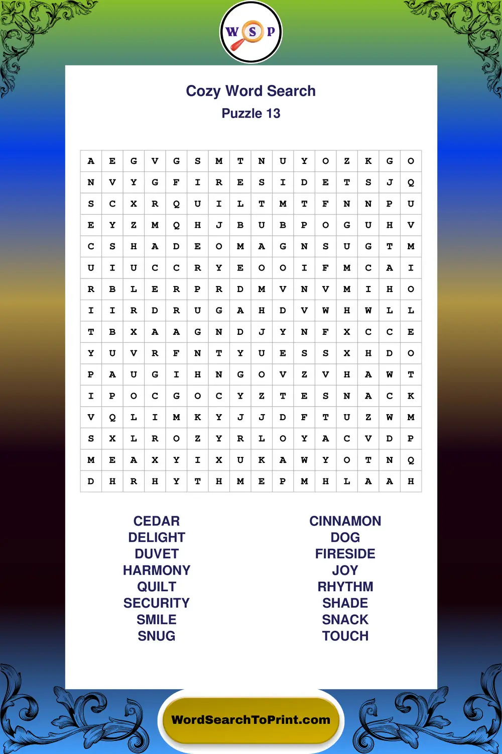 Cozy Word Search Puzzle 13