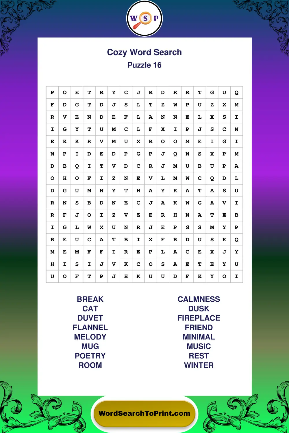 Cozy Word Search Puzzle 16
