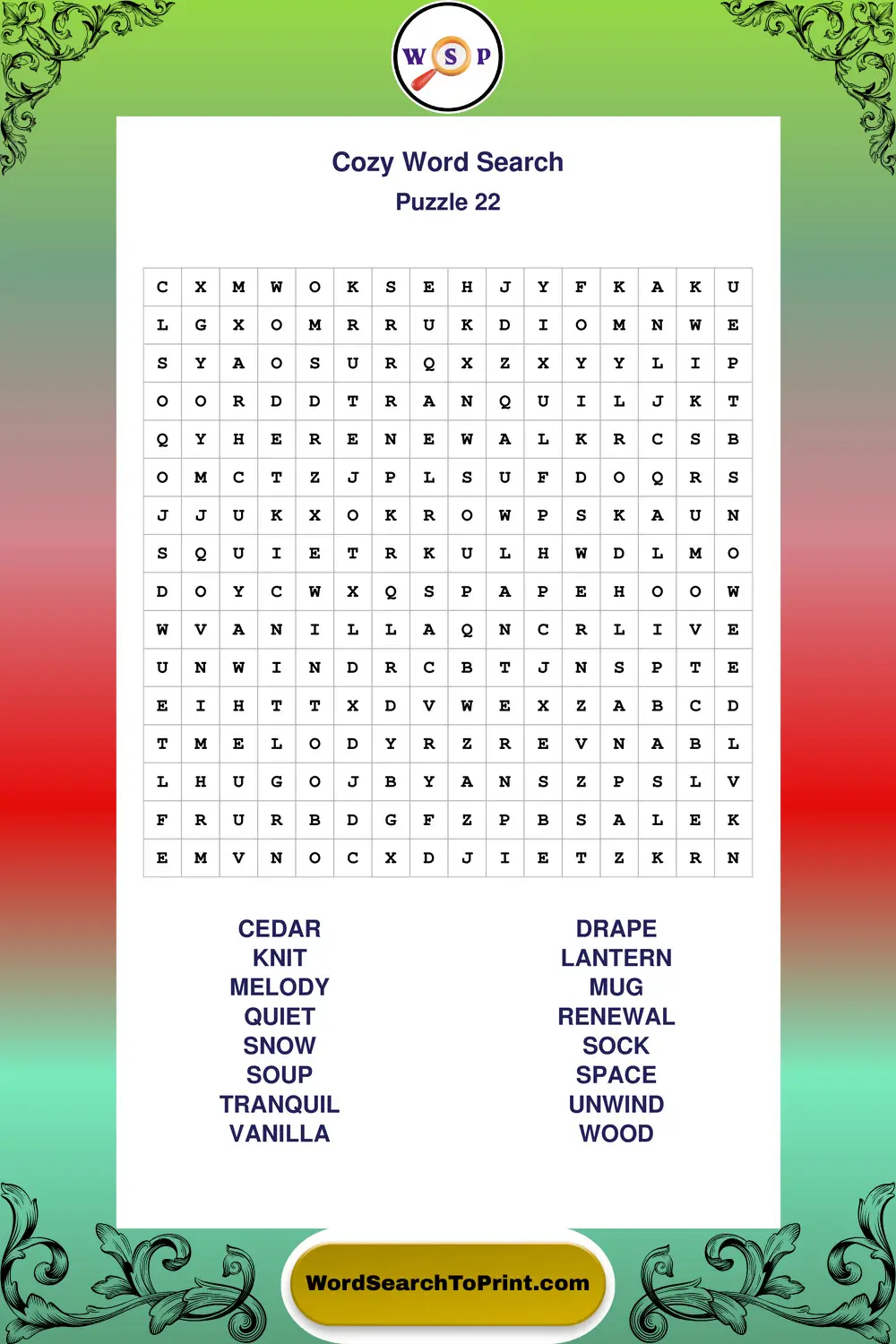 Cozy Word Search Puzzle 22