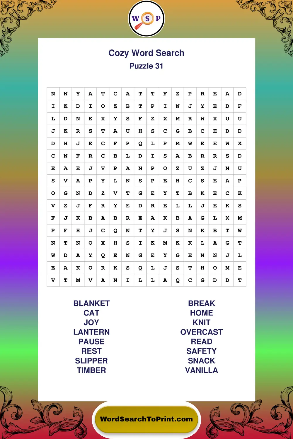 Cozy Word Search Puzzle 31