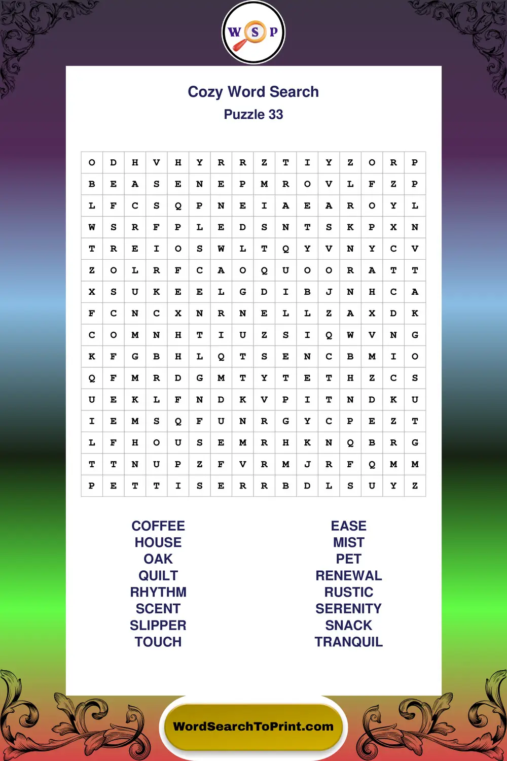 Cozy Word Search Puzzle 33