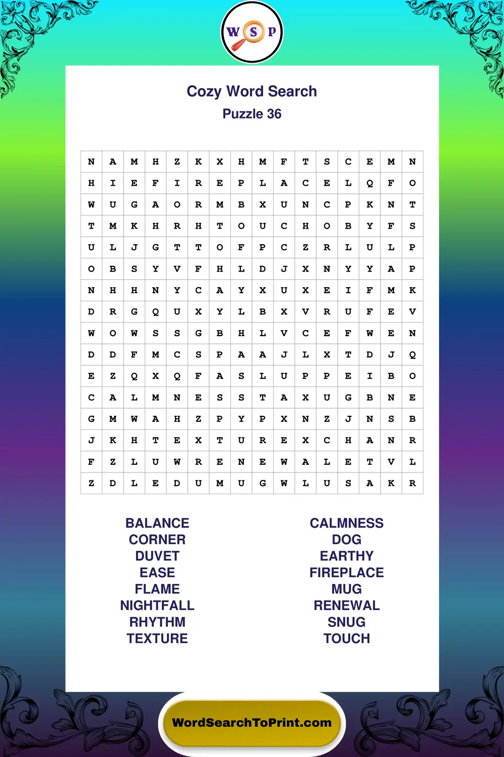Cozy Word Search Puzzle 36