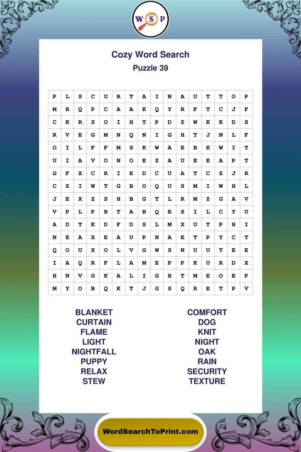 Cozy Word Search Puzzle 39