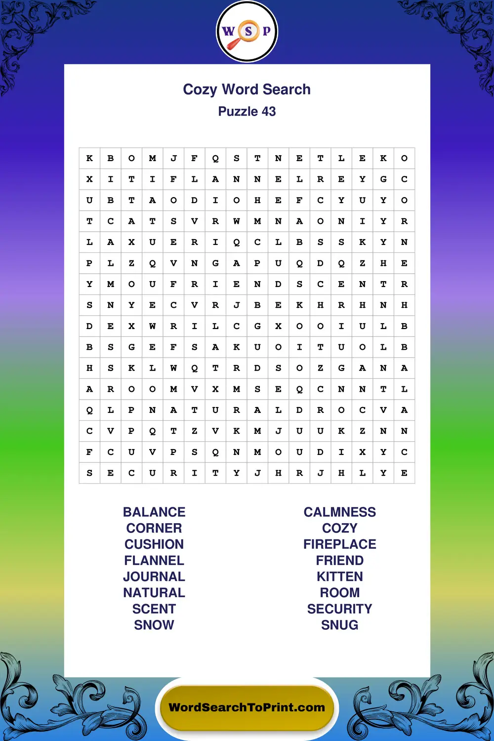 Cozy Word Search Puzzle 43