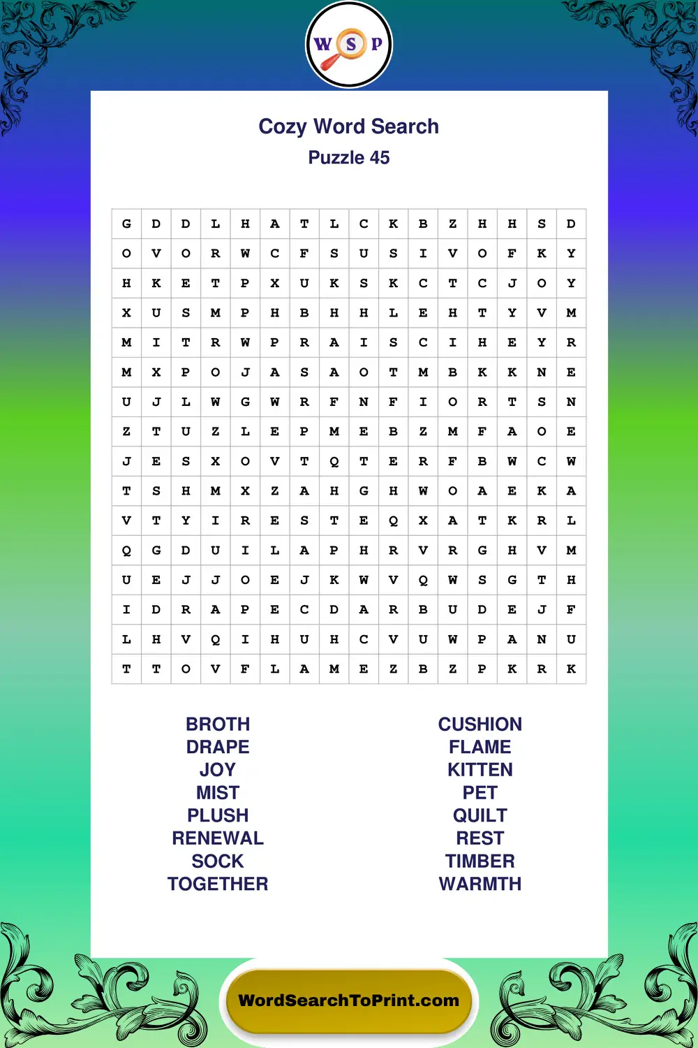 Cozy Word Search Puzzle 45