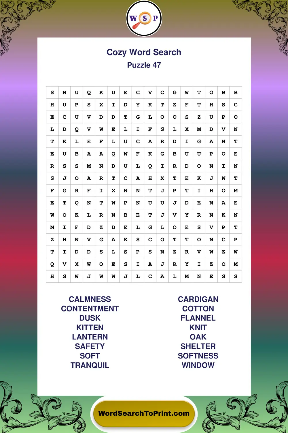 Cozy Word Search Puzzle 47