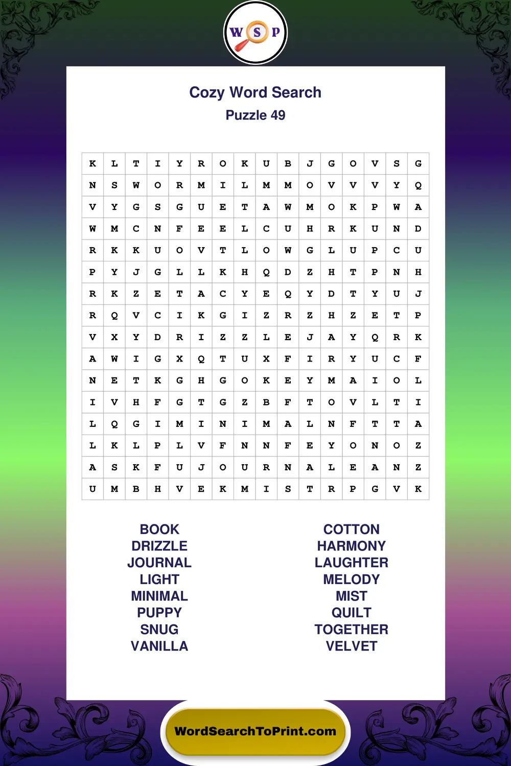 Cozy Word Search Puzzle 49