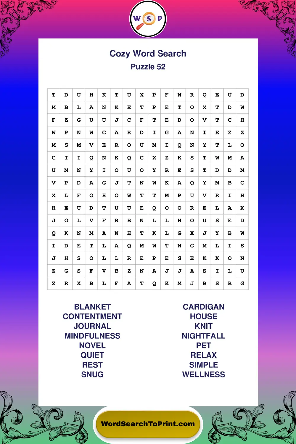Cozy Word Search Puzzle 52